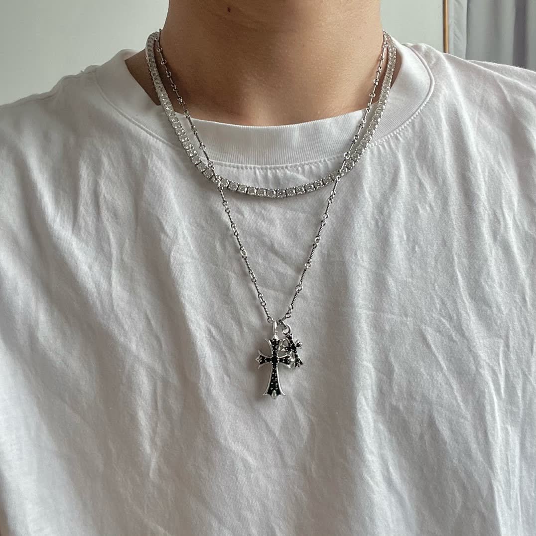 Chrome Hearts Silver Cross Pendant with Black Stones